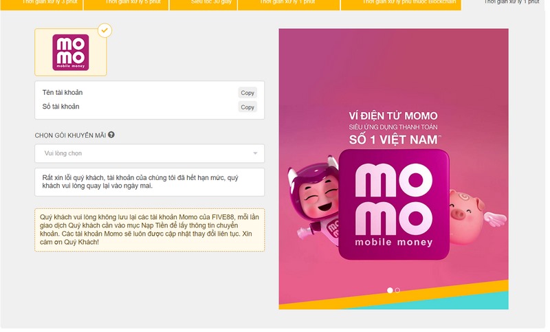 Nạp tiền FIVE88 siêu tốc và an toàn cho dân chơi mới 2 Phương Pháp Nạp Tiền Tại Five88 Qua Momo