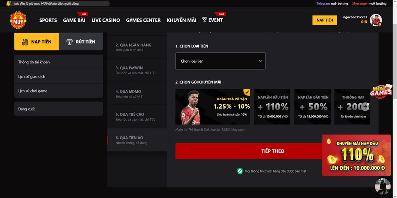 Hướng dẫn nạp tiền MU9 từng hình thức chi tiết nhất 2 Nạp Tiền Mu9 Thông Qua Hình Thức Tiền Ảo